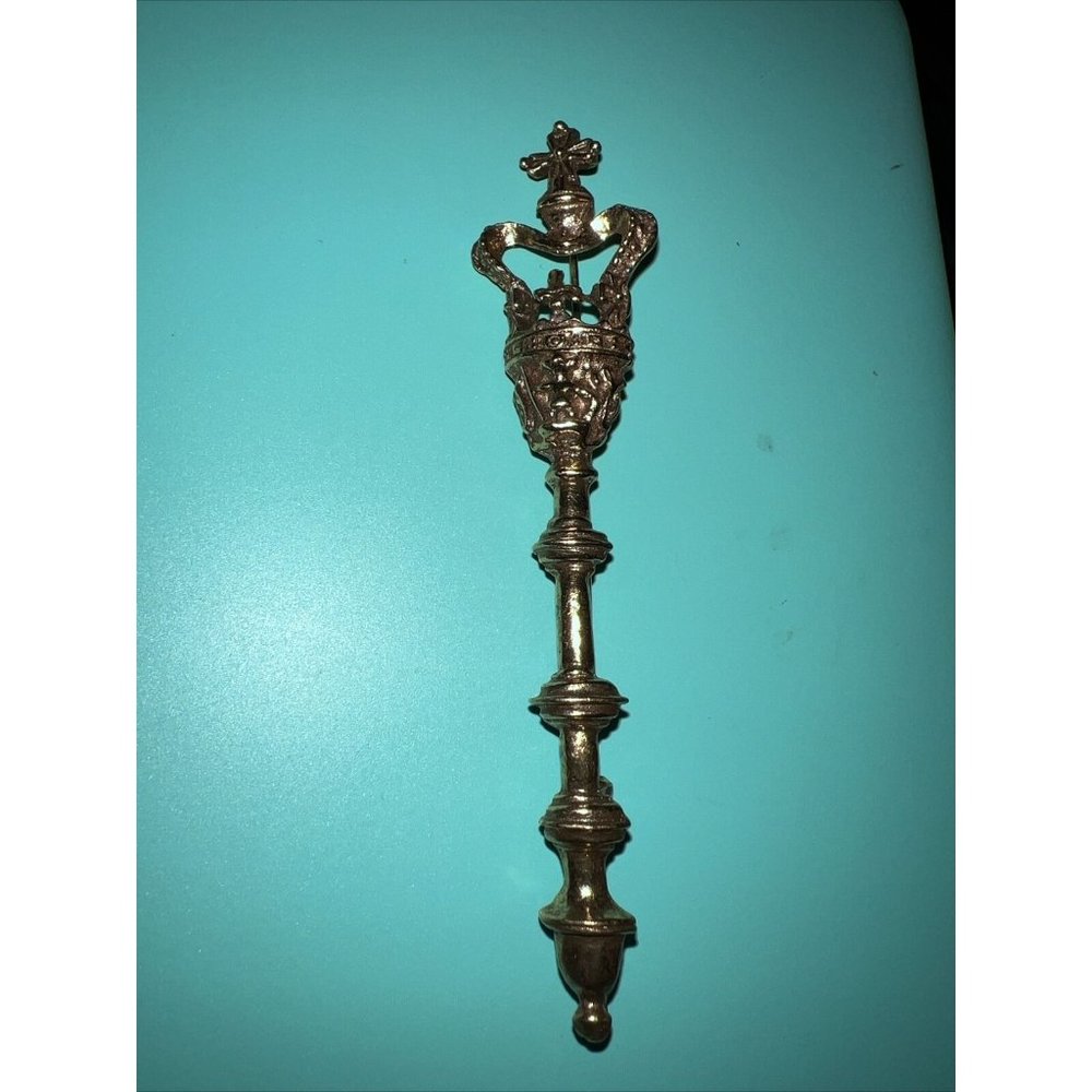 Vtg Gold Metal Pin Brooch Scepter Crosses Crown 3 7/8" Unique  Witchy Goddesss